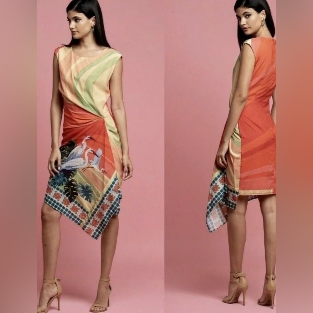 Anthropologie Eva Franco Bird Dress Vibrant Silky Ruched ✨ - Picture 3 of 6
